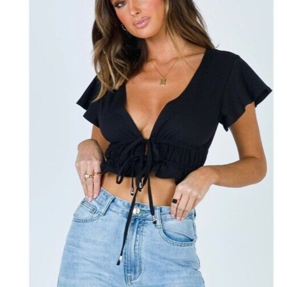 Princess Polly Jamison Reid Crop Top Black Size 0 Plunging Neckline Front Tie